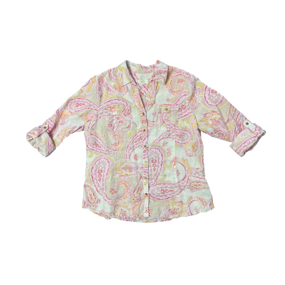 100% Linen Paisley Long Sleeve Button Up Shirt Roll Tab Size Large Coastal Boho